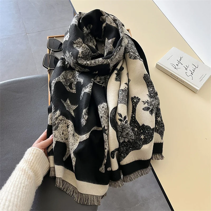 Warm Winter Blanket Cashmere Scarf for Women Design Cat Print Thick Pashmina Shawls and Wraps Bufandas Female Poncho Echarpe