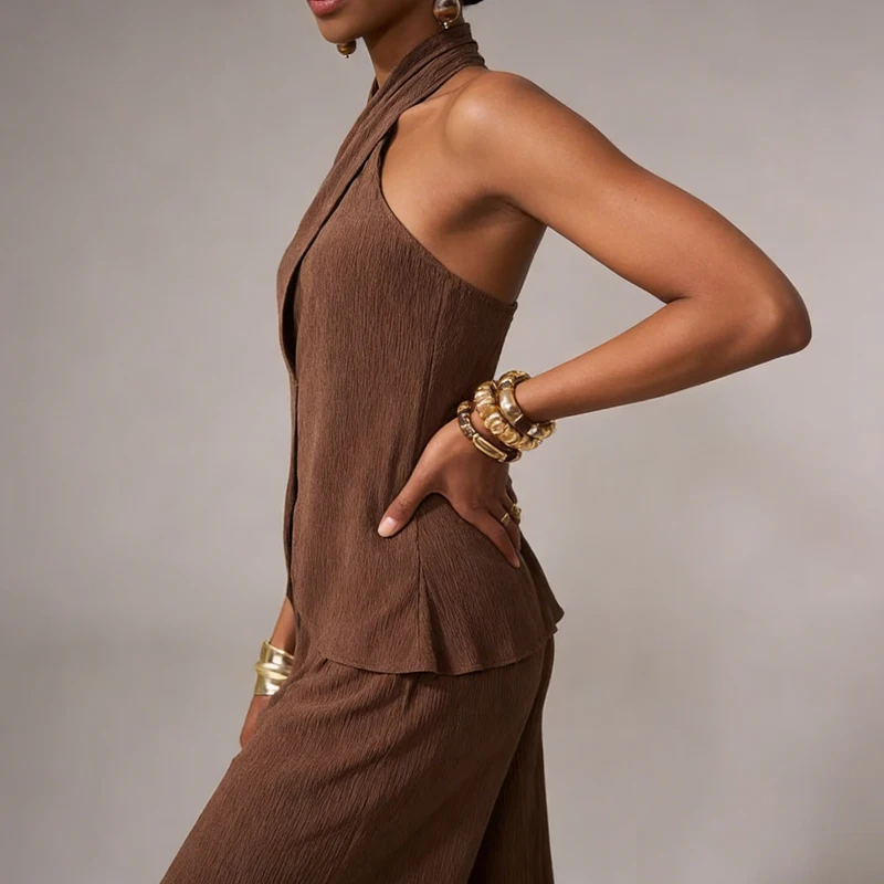 

Casual Women Hollow Out Commute Outfits Summer New High Waist Party Suits Vintage Design Style Backless Halter Vest&Pants Sets