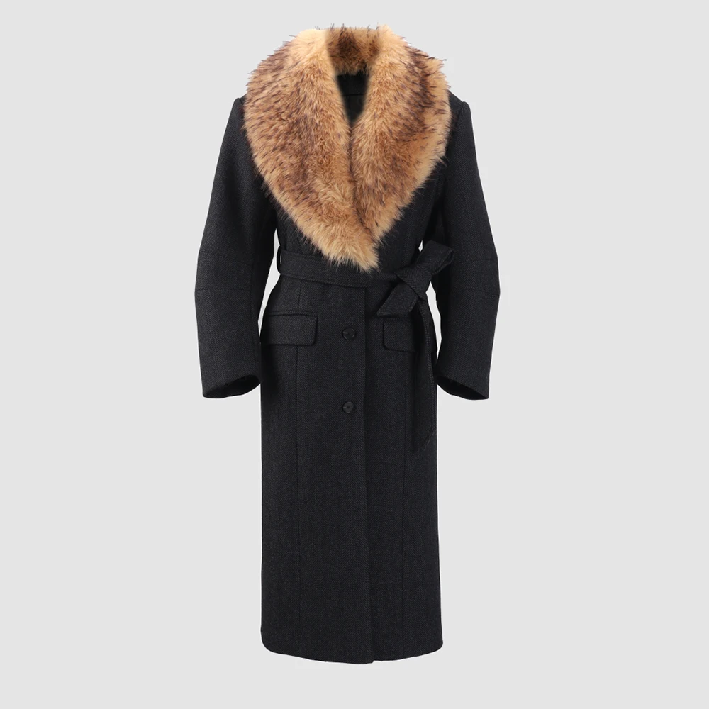 

Женское пальто из смесовой шерсти с воротником из искусственного меха в стиле пэчворк Y2K, элегантное длинное шерстяное пальто с завязками на талии, осень/зима 202, новое поступление