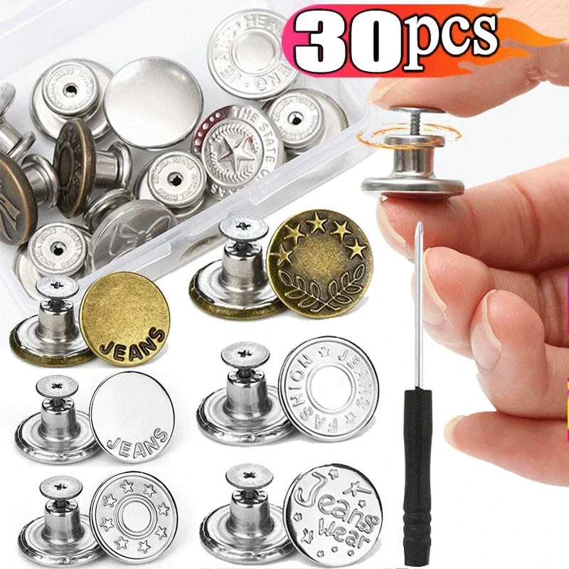 10/30pcs Screw Bronze Silver Buttons for Clothing Jeans Perfect Fit for Waist Adjust Nail-Free Metal Jersey Button Screwdriver