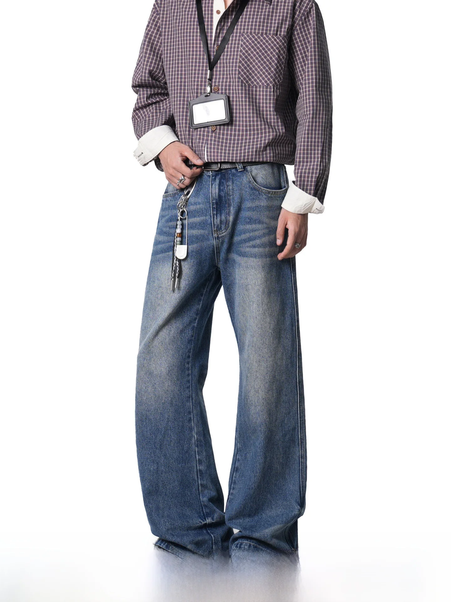 American Retro Washed Denim Jeans Men's Straight Leg Wide Leg Pants  Pattern Youth Trendy Cotton Polyester Blend