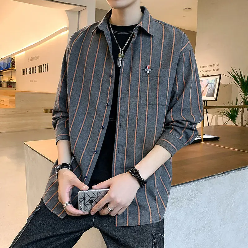 Fashion Printed Lapel Pockets Striped Shirt Men's Clothing 2022 Autumn New Oversized Loose Casual Tops All-match Korean ShirtS