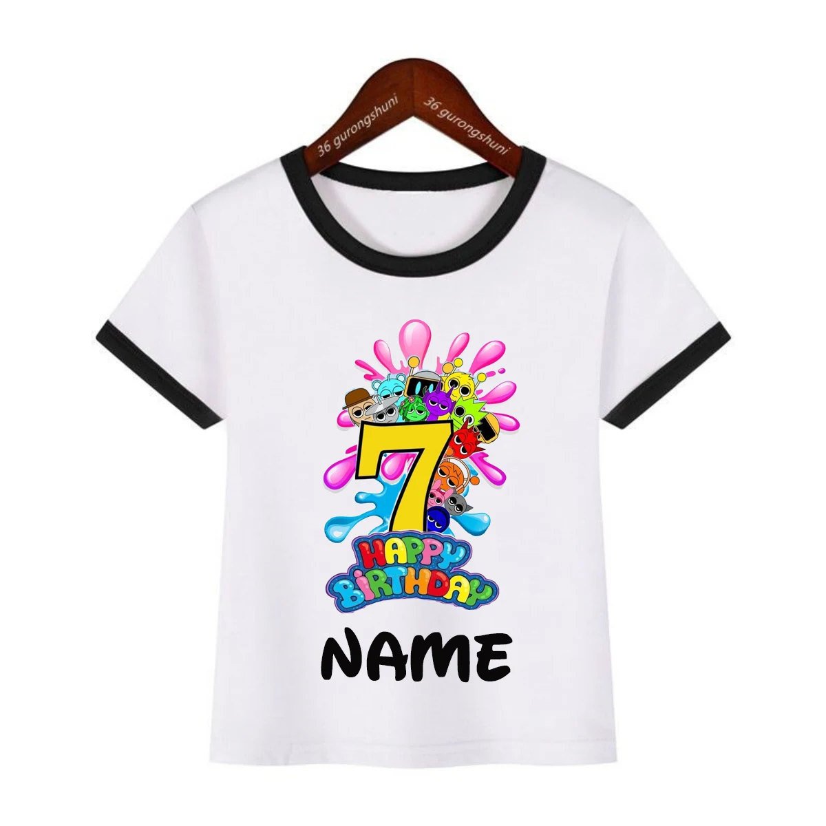 Buntes 7th Happy Birthday Game Sprunki bedrucktes T-Shirt für Mädchen/Jungen, individueller Name, Geburtstagsfeier, Kinderkleidung, Sommer-T-Shirt