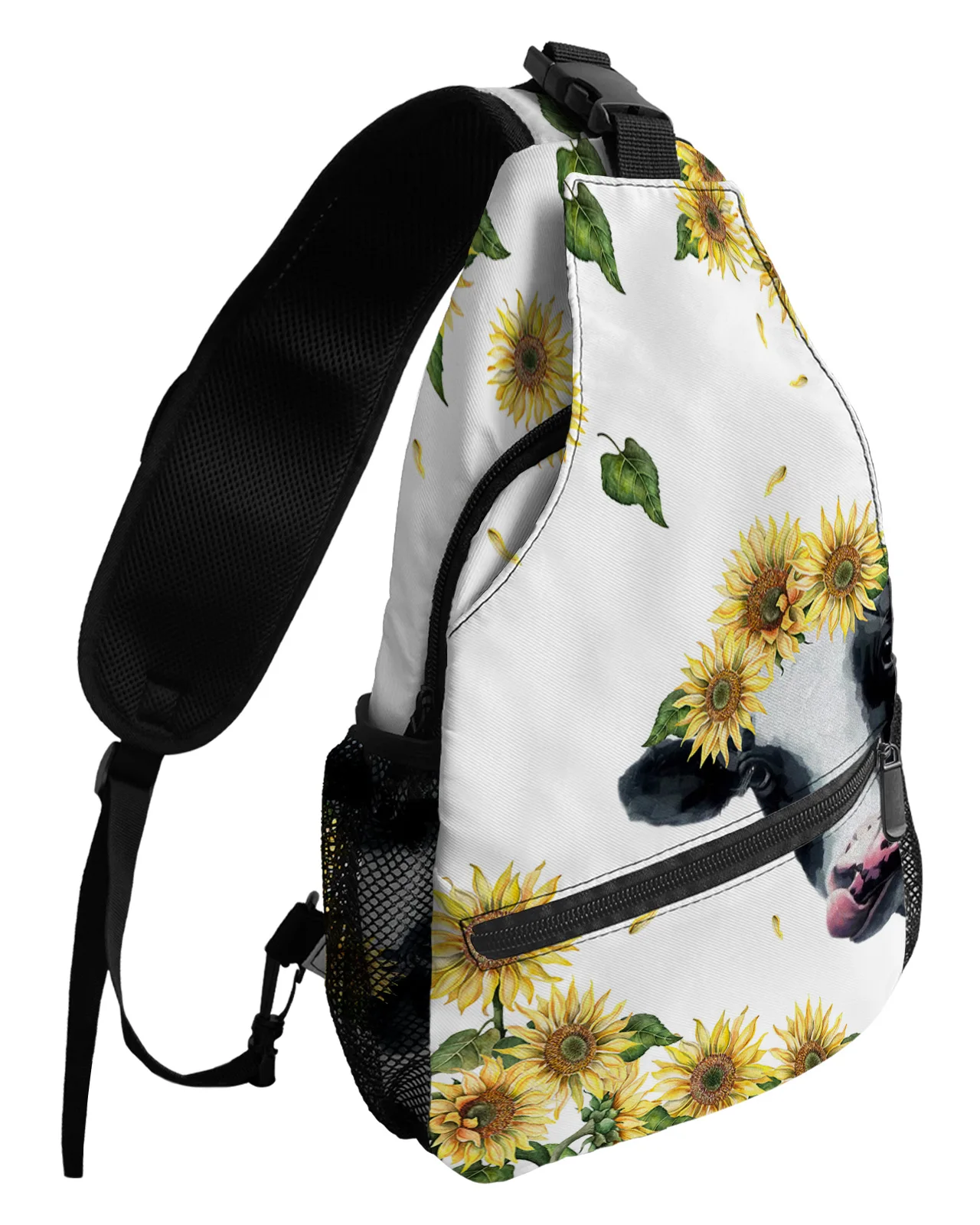 Country Style Sunflower Cow Chest Bag for Men Casual Sports Shoulder Bag Women's Travel Waterproof Messenger Bag