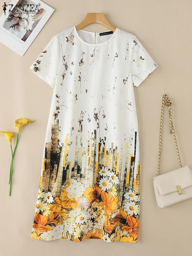 ZANZEA 2025 Zomer Losse Gewaden Femme Vakantie Womens Casual Bloemenprint T-Shirt Jurk Korte Mouw O-hals Midi Jurken