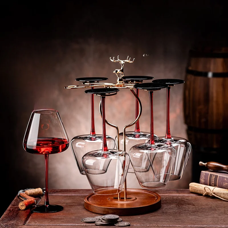 Burgundy Red Wine Glasses Set Crystal High Footed Wine Cups European Style Grape Design Collar Black Label Home Use Wine Deca...