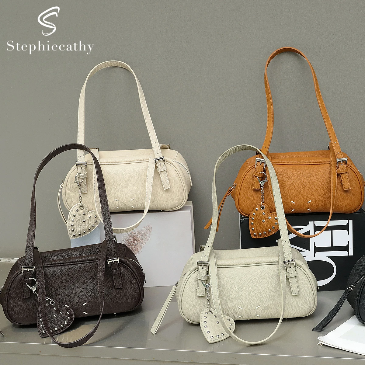 

SC Women's Genuine Leather Underarm Shoulder Handbag Rivet Heart Pendant Pillow Bag Double Handle Straps Versatile Casual Daily