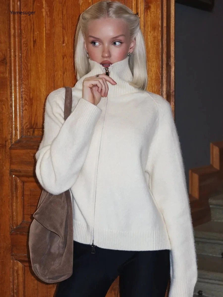 

Yomesugar Women's Loose Knit Cardigan Casual Stand Collar Full Sleeve Double Zipper Sweater Coat Autumn Warm Outwear Streetwear