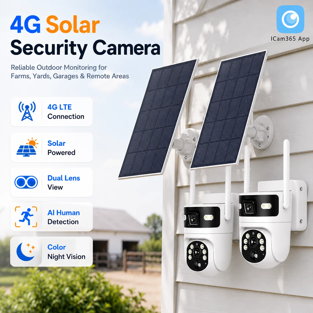 4G Solar Security Camera 2 Pack Dual Lens Outdoor PTZ Wireless CCTV Camera with 4G LTE Connection Solar Powered AI Human Detection Color Night Vision Two Way Audio Motion Alerts Remote App View IP66 Waterproof for Farm Yard Garage Remote Area
