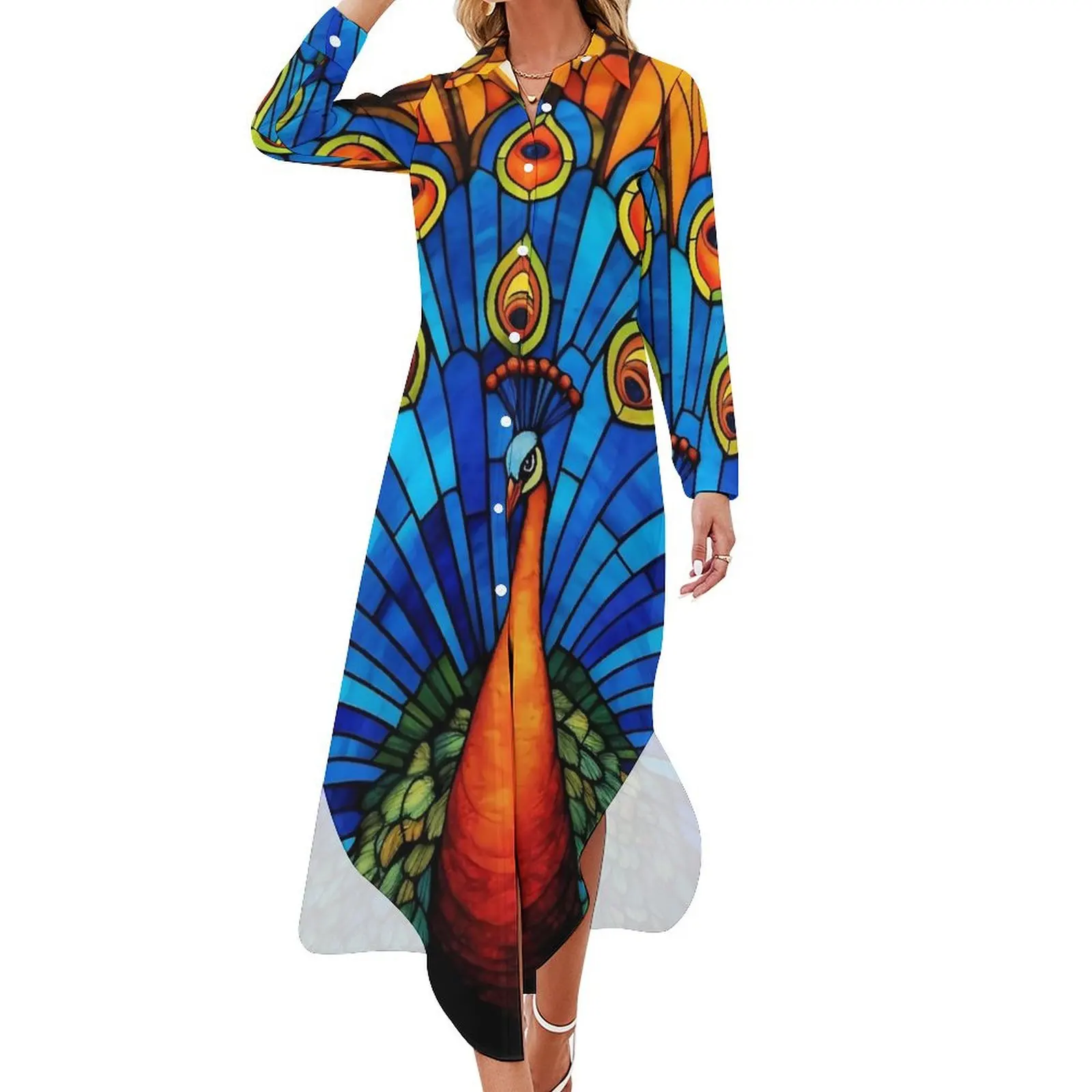 

Peacock Painting Chiffon Dress Stained Glass Beach Dresses Female Long Sleeve Street Fashion V Neck Custom Oversize Casual Dress