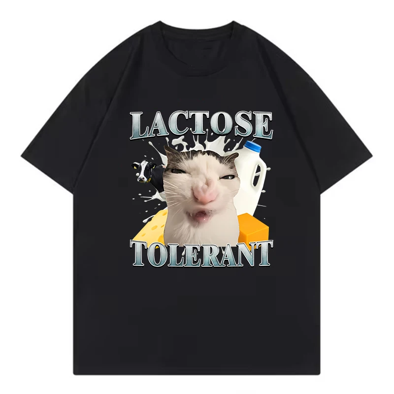 Lactose Intolerant Milk Cat Meme Print T-Shirt Herren Retro Mode Kurzarm T-Shirts Lässige Sommer- und Frühlingskleidung