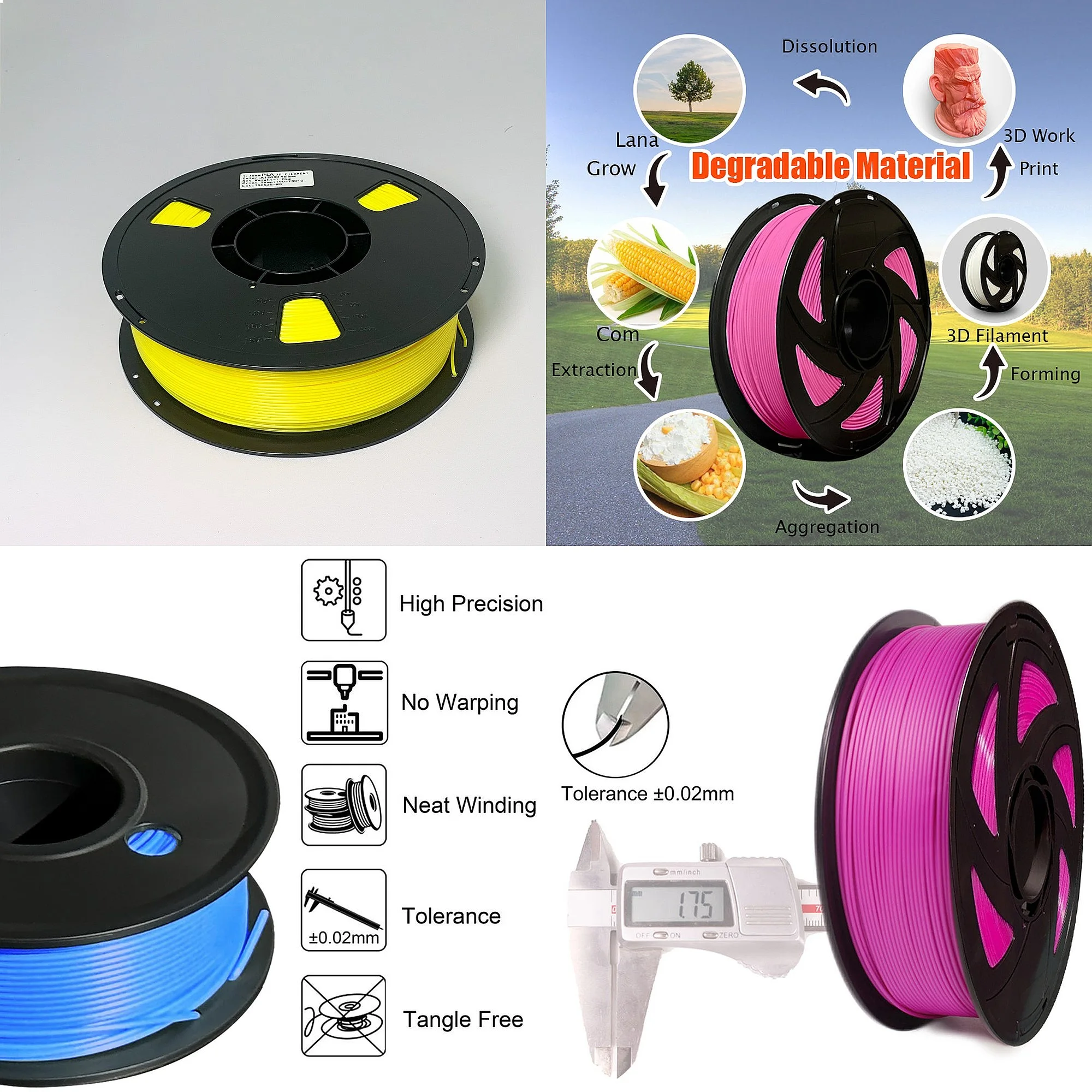 3D PLA Plus Filament 1.75mm 1kg OEM Tangle-Free Toughness Multi-color Factory Direct Price