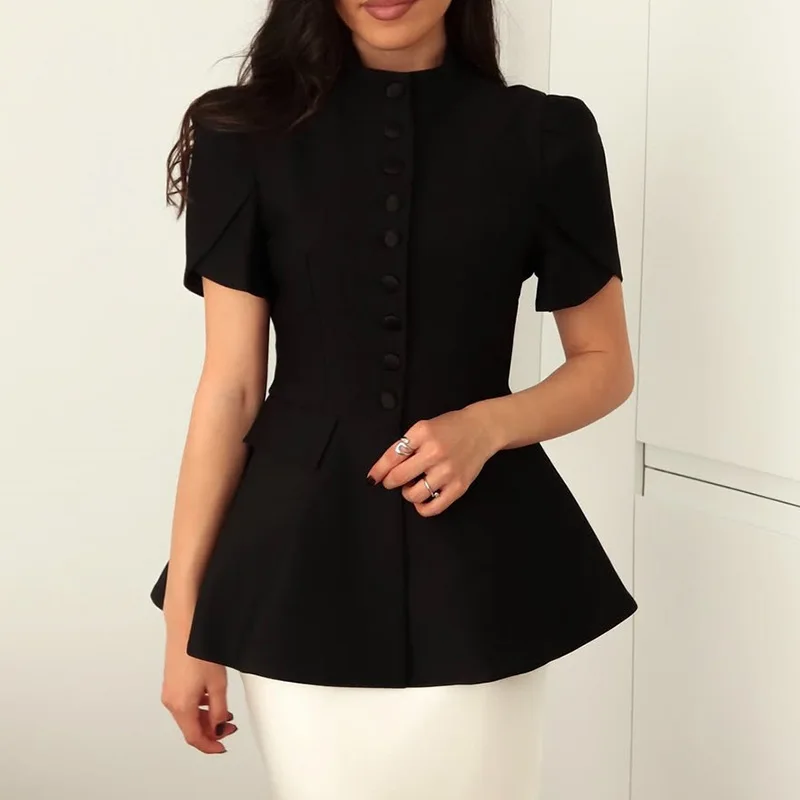 

Women's 2025 Autumn New Fashion Fashion Blazer Jacket Stand Collar Button Front Solid Color Slim Fit Short Sleeve Waist Design