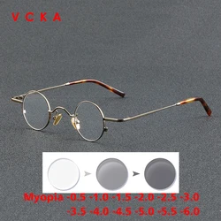 VCKA Anti Blue Discolor Myopia Glasses Frame Men Retro Round Pure Titanium Eyeglasses Women Prescription Eyewear -0.5 to -6.0