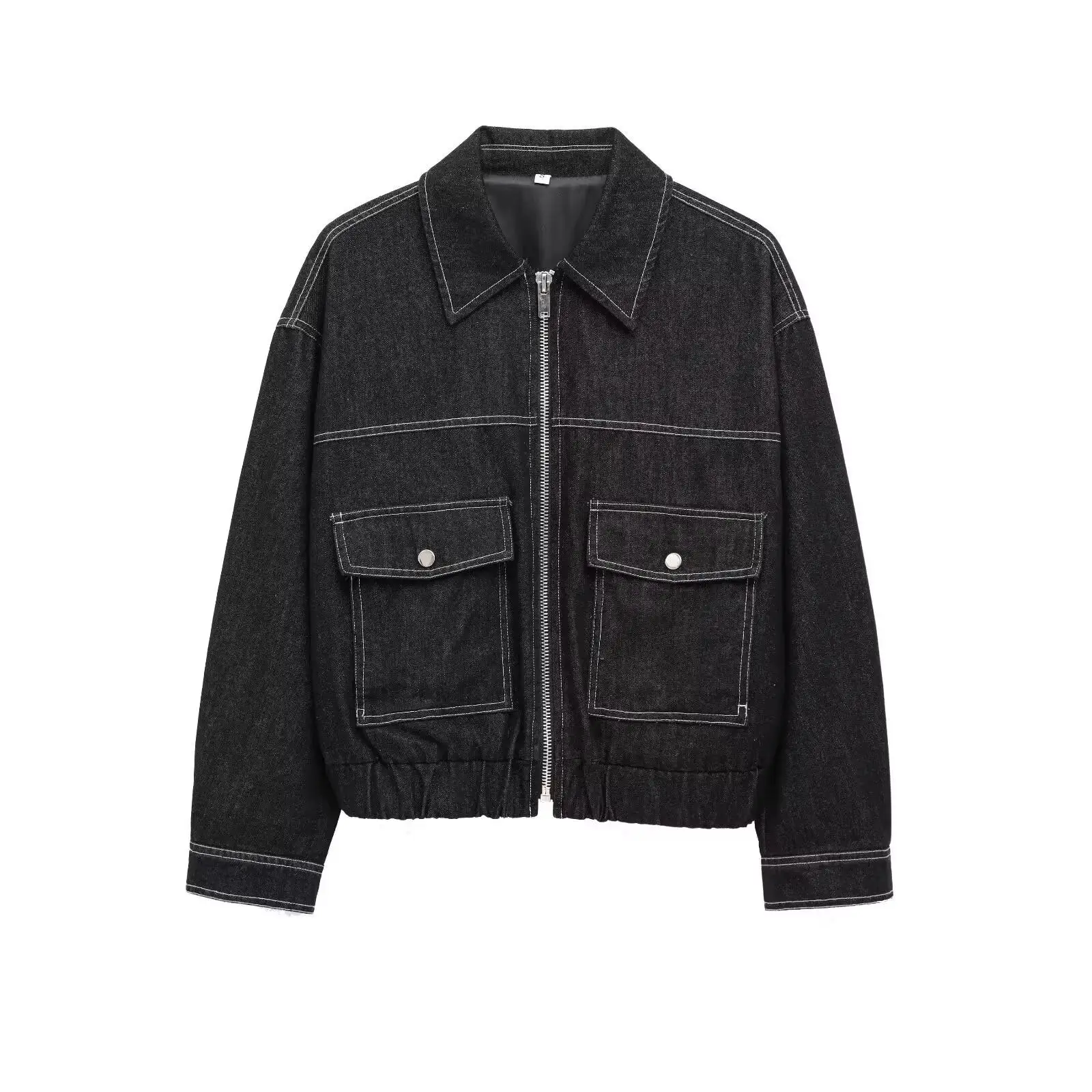 

2025 Spring Commuter Sle Loose Fit Denim Jaet Women's ort Coat Chest Wrap Top Zipper Closure Pure Color Long Sve