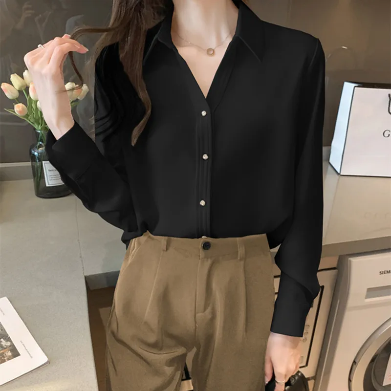 Korean Fashion Women Silk Shirts Satin Blouses Women Long Sleeve Shirts Tops Woman White Shirt Blouse Woman V-neck Ladies Shirt