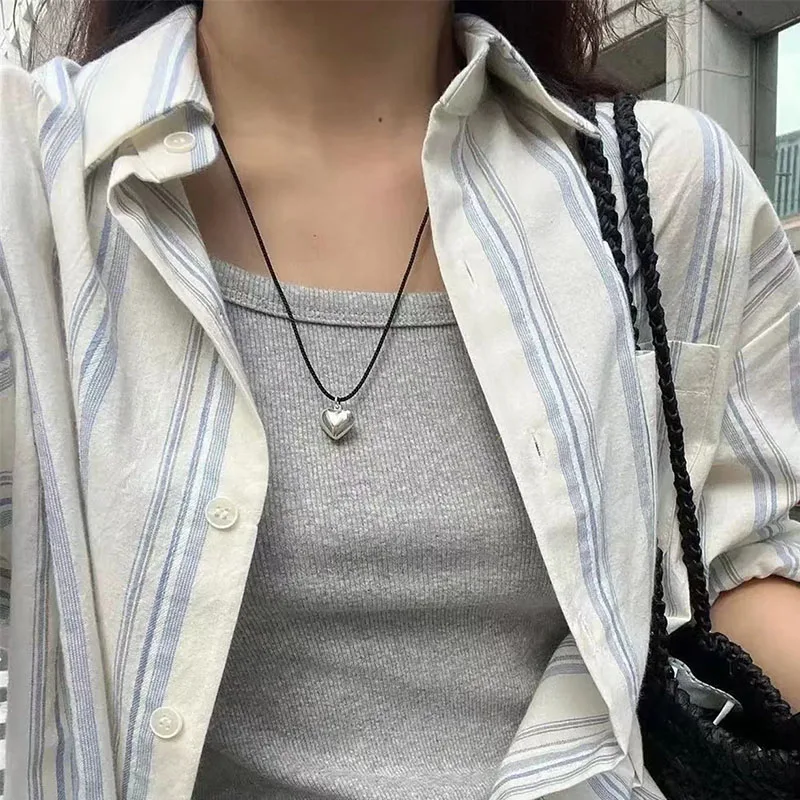 S925 Silver Heart Black Rope Long Adjustable Length Necklace Female Temperament Collarbone Smooth Version Student Fine Jewelry