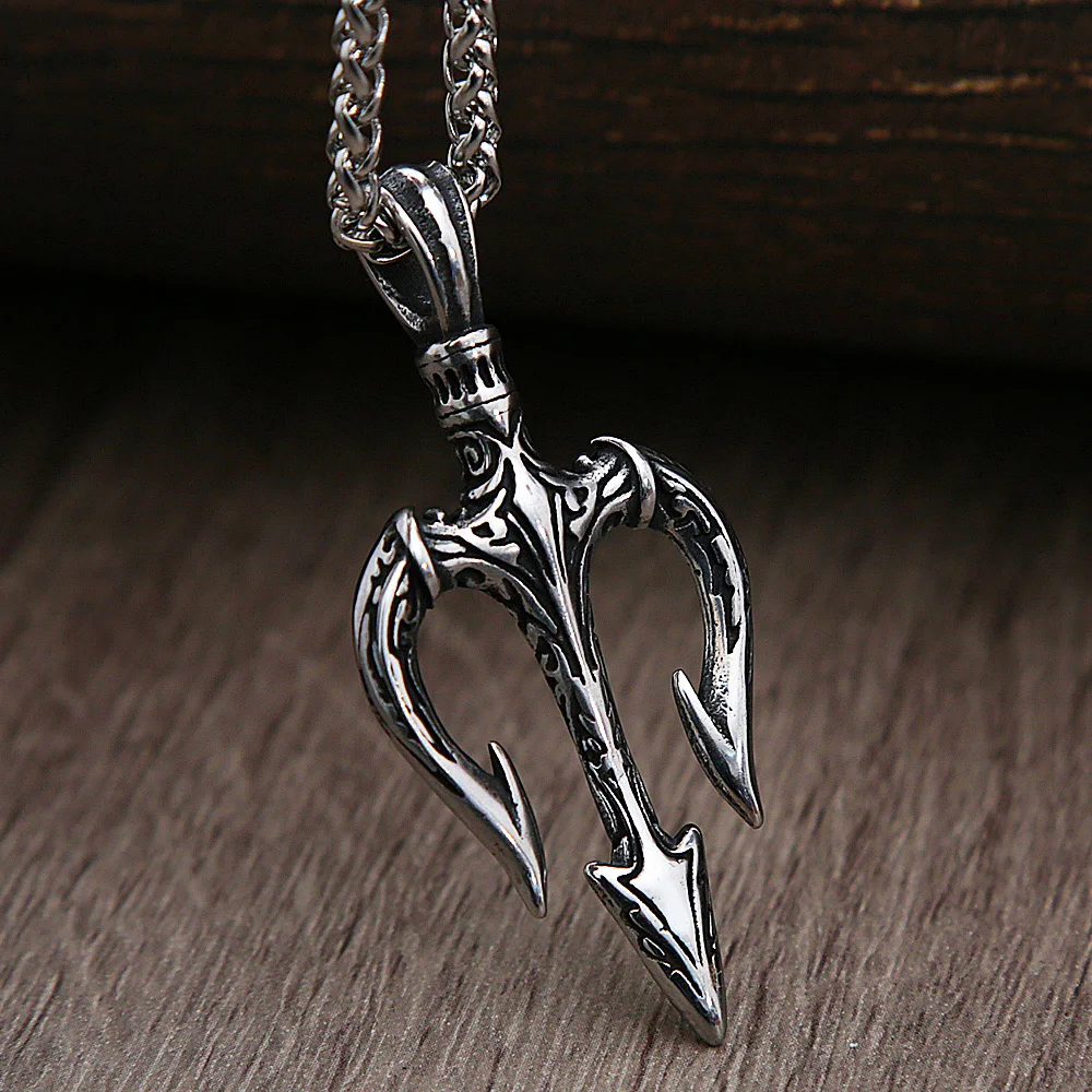 Fashion Vintage Greek Mythology Trident Necklace for Men Punk Hip Hop 316L Stainless Steel Amulet Pendant Jewelry Dropshipping