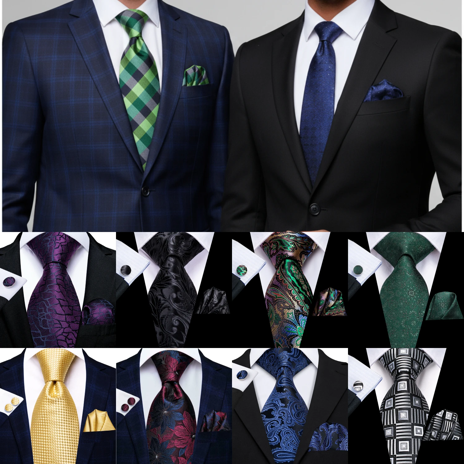 

Hi-Tie Mens Gift Tie Set Long Solid Striped Silk Wedding Tie For Men Fashion Design Quality Tie Hanky Cufflink Set Dropshipping