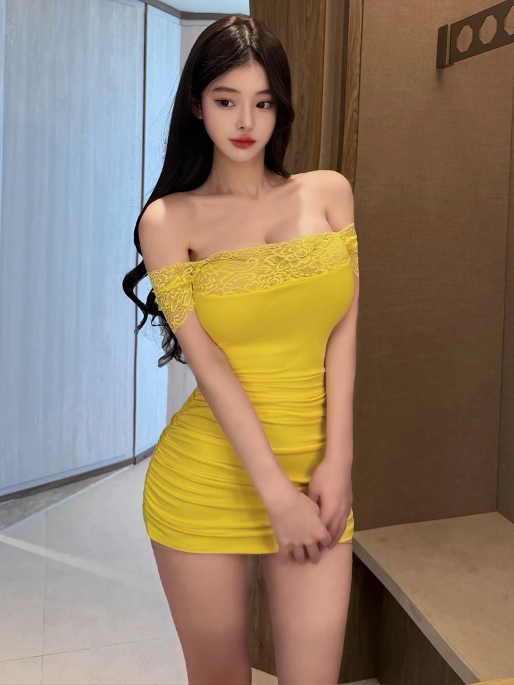Sexy Pure Desire Shoulder Bared Lace Short Sleeve Dress High Waist Elegant Slim Fit Bodycon Skirt Wrap around One Step Dress