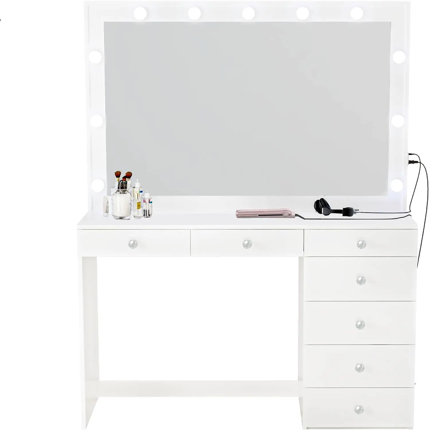 with Vanity Mirror, Built-in Lights, 7 Drawers, Crystal Ball Knobs, Power Outlet, White M