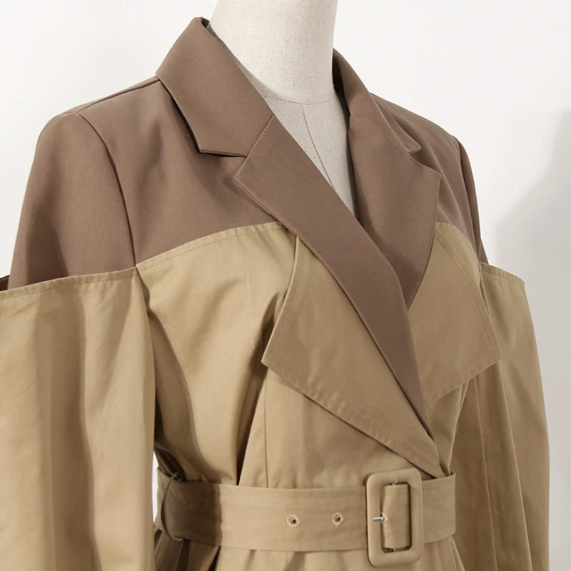 Women Spring Autumn Outerwear Trench Coat Tie Dress Waist Long Sleeve Fake Two Suit Collar Mid-length Button Retro  Simple