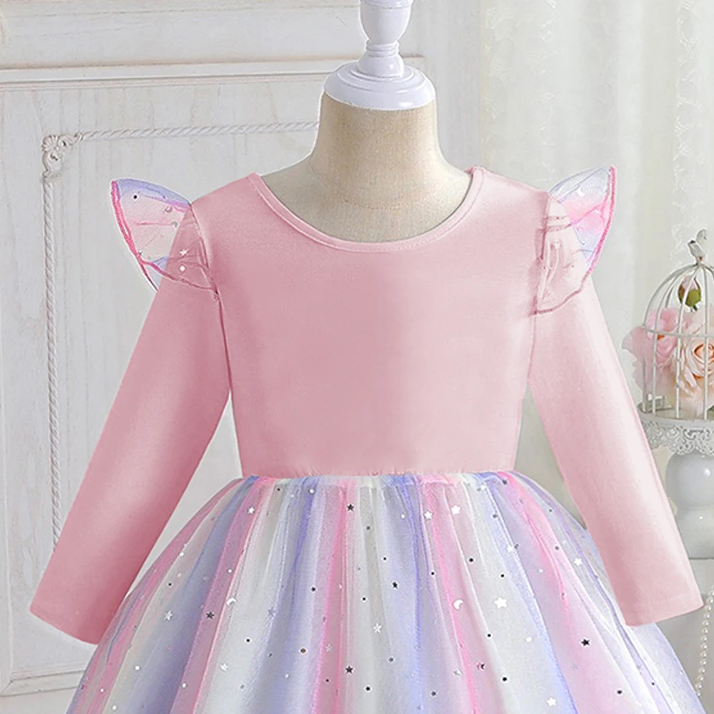 2026 Kinderkleidung Frühling Herbst Langarm Prinzessinnenkleid Süßes Babykleid für Mädchen Geburtstagsparty Kleid Regenbogen 2-8 Jahre – Detail 5