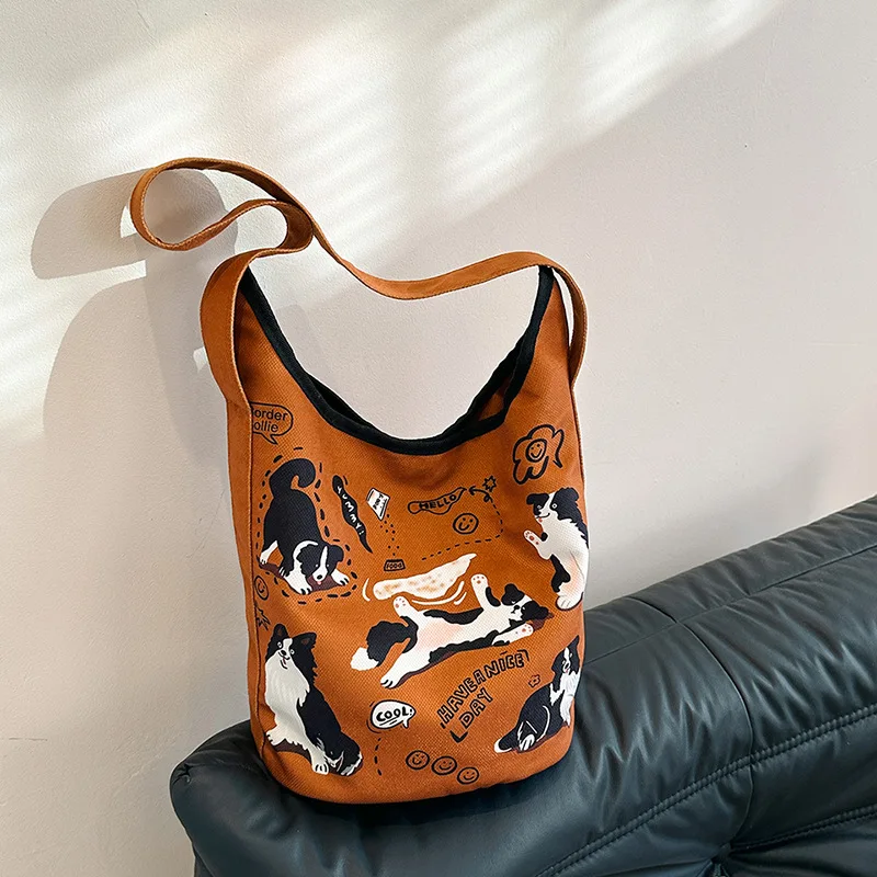 Vintage Shoulder Bag NEW Korean Style Cute Dog Print Fashion Large Capacity Casual Canvas Purses and Handbags Commute All-match