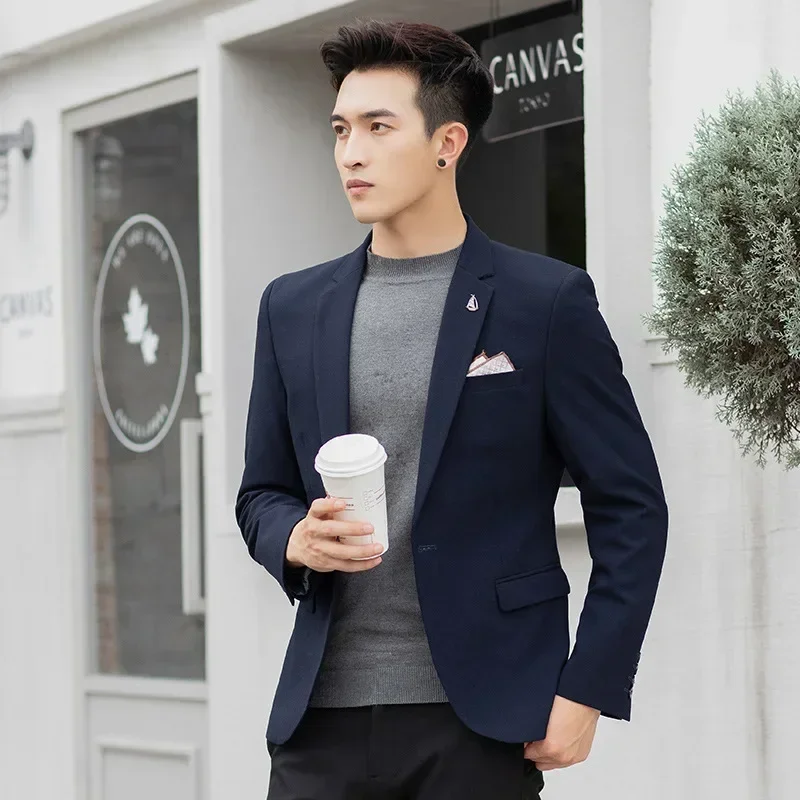 High Quality Men Blazer Korean Slim Fit Elegant Business Casual Suit Jacket Solid Color Blue Apricot Gray Wedding Banquet Dress