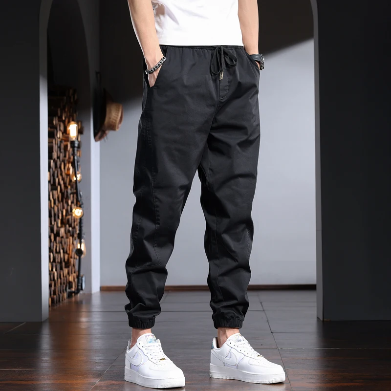 Khaki Baggy Men's Casual Pants Summer Streetwear Casual Cotton Elastic Waist Drawstring Trousers CP2222