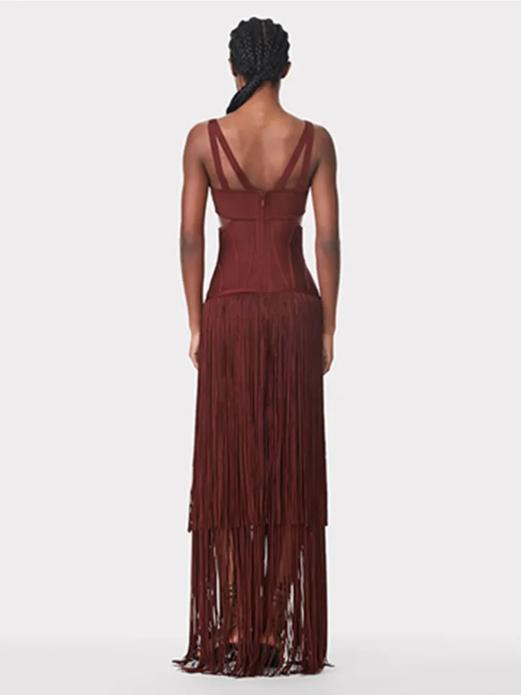 Vestido sexy con cuello en V y borlas marrones para mujer, vestido largo ajustado con vendaje, elegante vestido de fiesta para discoteca de noche 2025