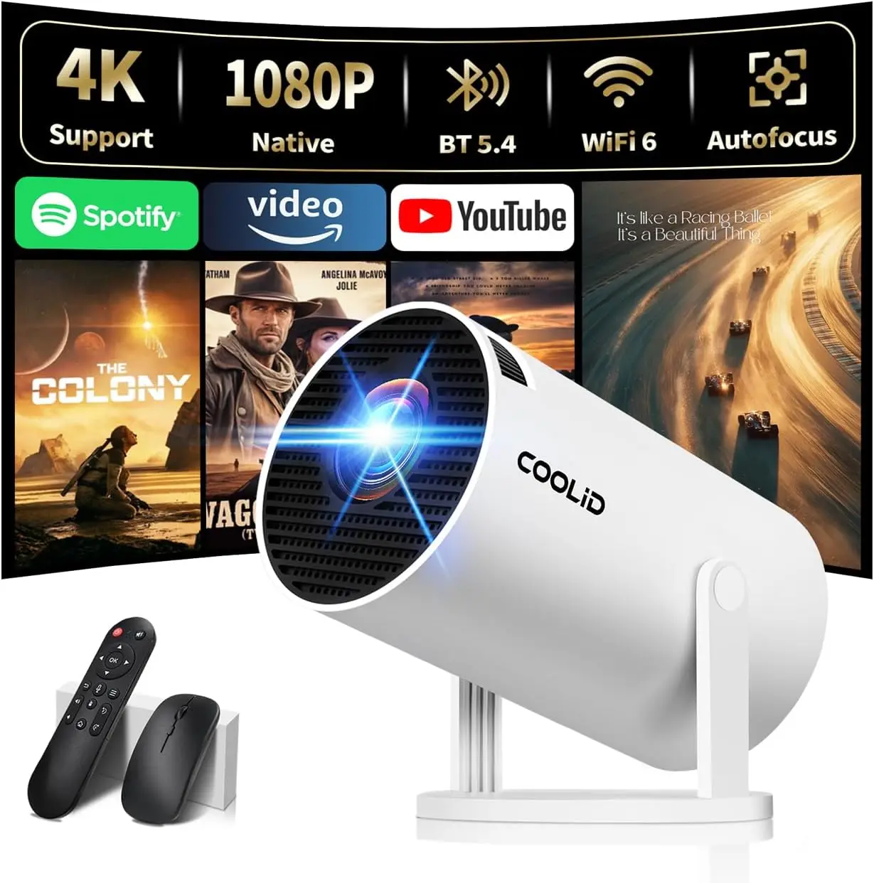 

4K 1080P Mini Projector with Auto Keystone, WiFi 6 & Bluetooth 5.4, 180° Rotatable, Portable for Home Theater