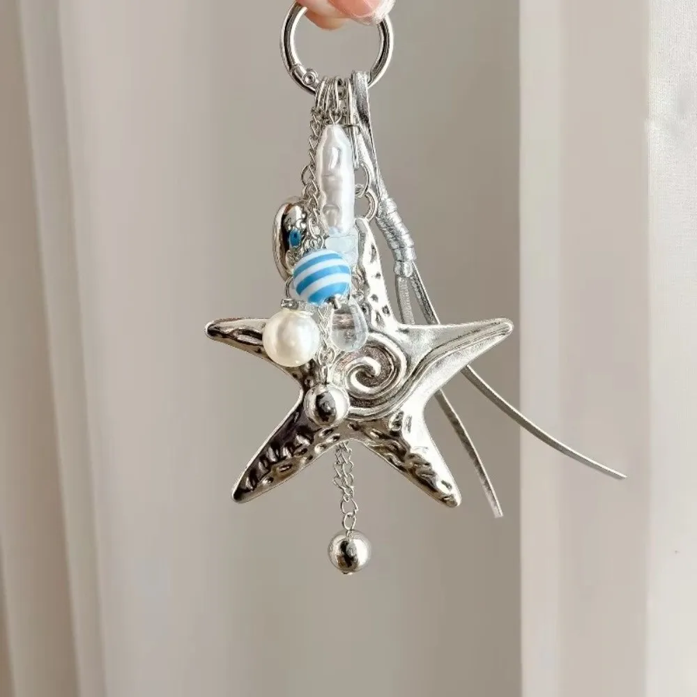 Beaded Design Beaded Keychains Heart Charm Silver Color Shell Keychains Pendant Style Pearl Accent Pendant Keychains