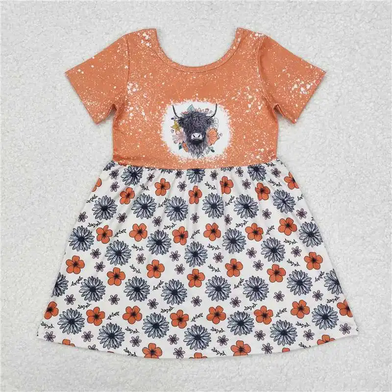 wholesale western boutique children clothing Sibling Sisters Baby Girls Highland Cow Flowers Short Sleeve Dresses Clothes Sets