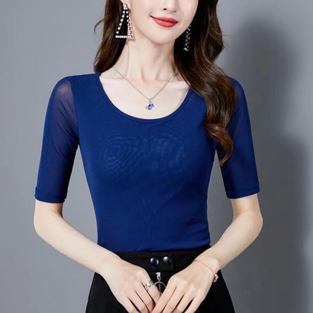 7 Colors Size S-3XL Colorful Mesh O Neck Female Blouses Transparent Short Sleeve O-neck Thin T shirt Women Half Sleeve Tops