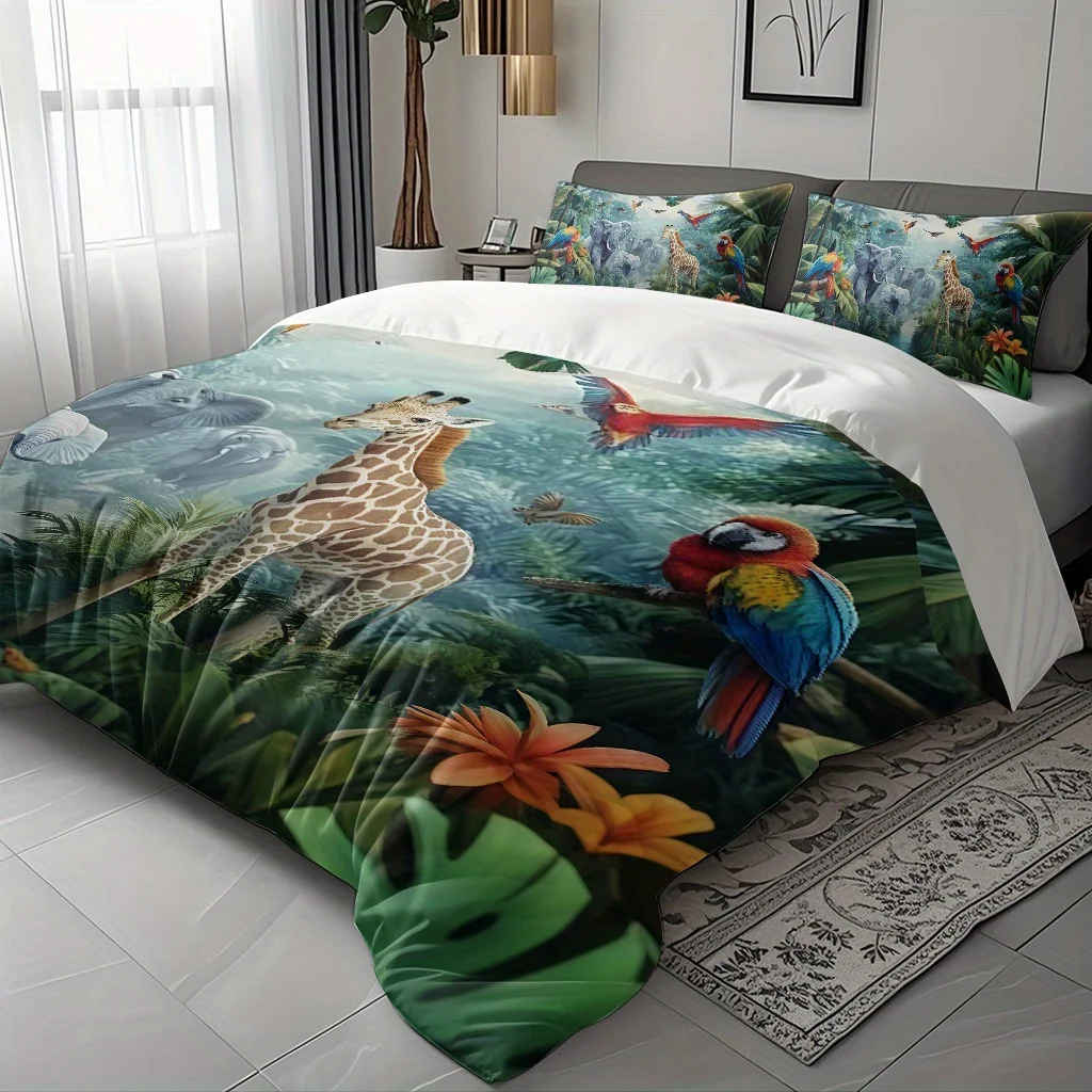 Jungle Animal,Parrot,Elephant,Giraffe Pattern Down Duvet Cover Set - Fashionable Classic Popular Digital Printed Bedding Set
