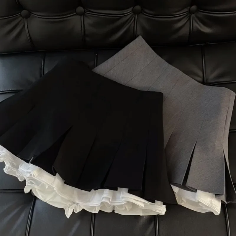 Japanese College Style Pleated Skirts Solid Black Grey Patchwork Women All-Matching Mini Skirt Female High Waist A- Line Skirt