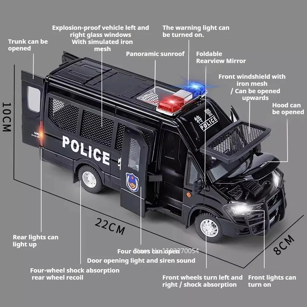1:24 Police Car Disperse Explosion Proof Cars Toys Alloy Diecast Model with Sound Light Pull Back Doors Opened Vehcies Boy Gifts