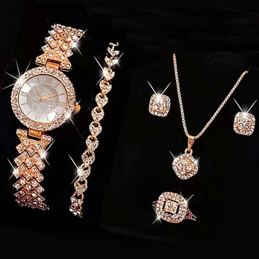 Conjunto de joyería de reloj de pulsera exquisito para mujer, conjunto de joyería de reloj de cuarzo con decoración de diamantes de imitación, decoración de muñeca de alta precisión inoxidable