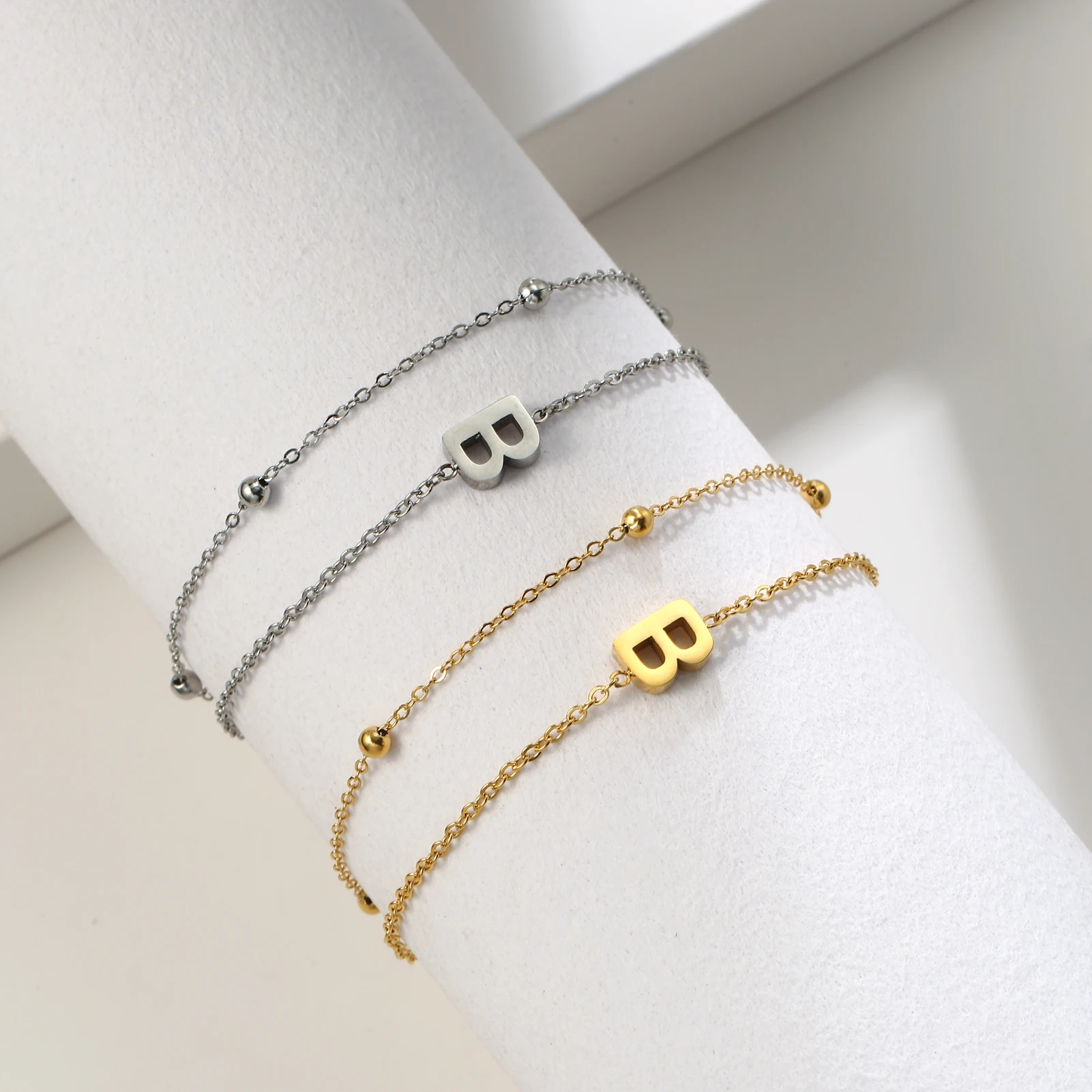 Stainless Steel Double Layer Chain Bracelets  A-Z Letter Bracelets Fashion Bead Chain Bracelets Women\'s Jewelry for Wedding Gift