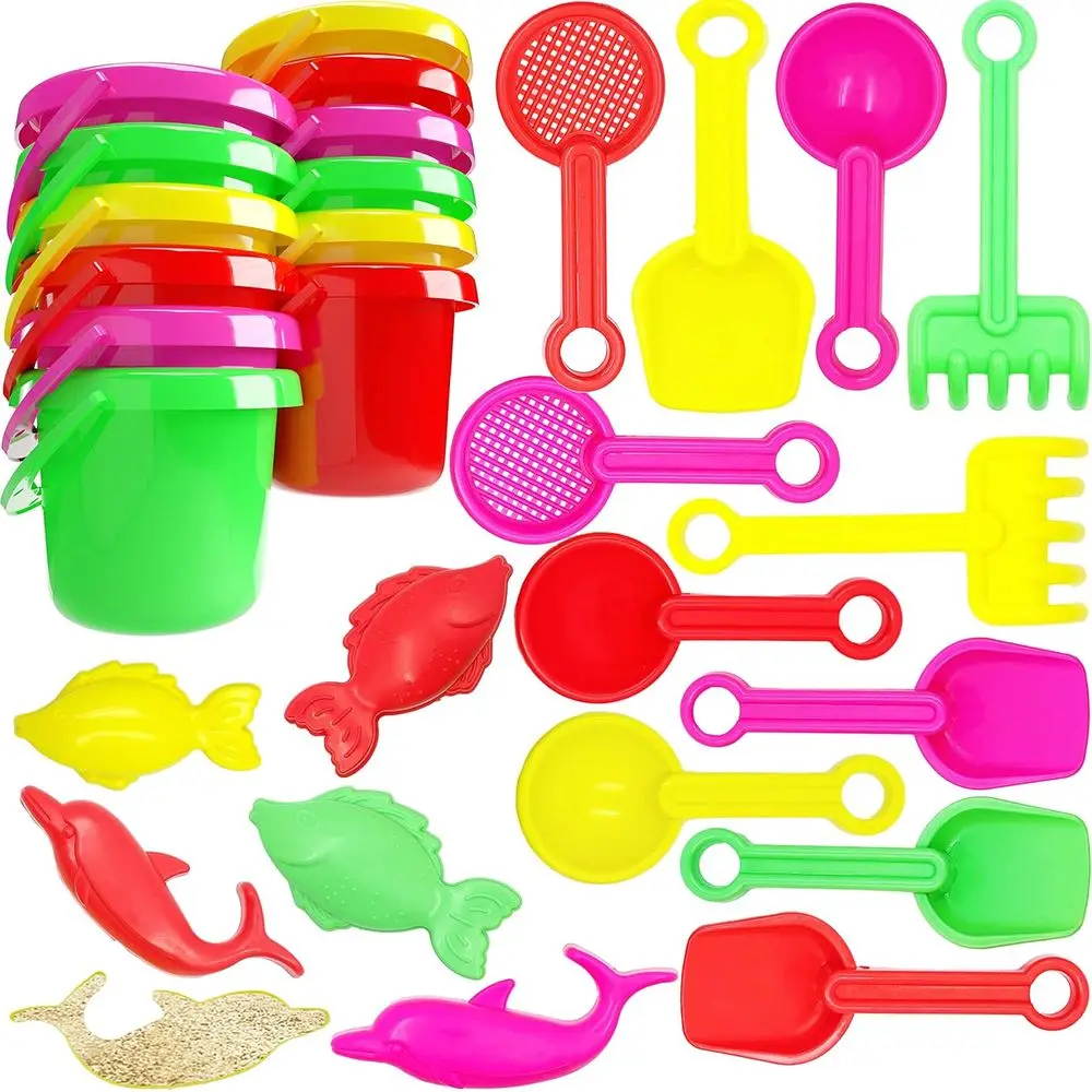 

Mini Beach Day Playsets Pack of 12 - 3.25 Sand Bucket Set with Pail, Shovel, Rake, Sieve, and Scoop for Kids' Birthday Parties