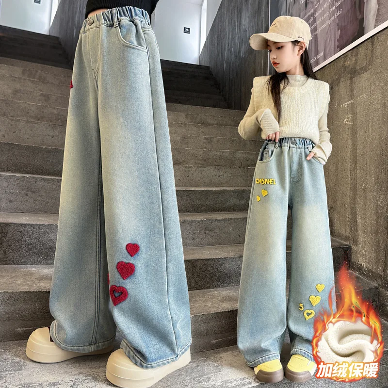 Kids Winter Warm Jeans Towels Embroidered with Hearts Girls Thick Thermal Trousers Children Loose Straight Wide Leg Denim Pants