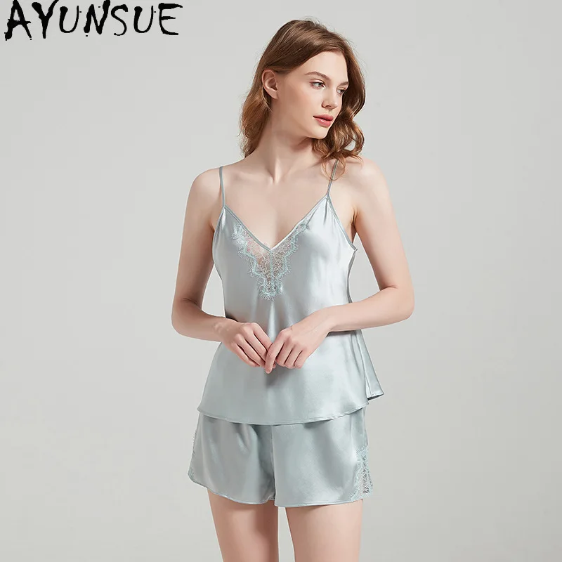 

AYUNSUE 100% Mulberry Silk Pajamas for Women 19MM Silk Tank Top and Shorts Set 2026 Summer Sleepwear Bathrobes Pijama Feminino