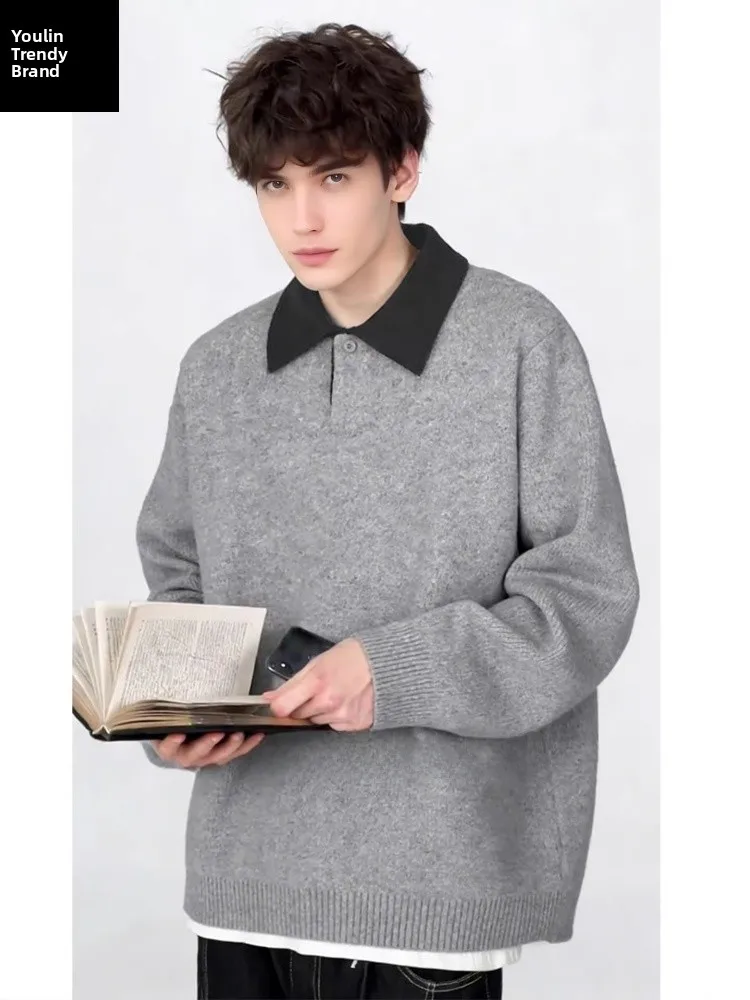 

Мужской вязаный свитер с воротником, зимний, повседневный, премиум-класса, в корейском стиле, базовый слой, свободный крой, длинный рукав