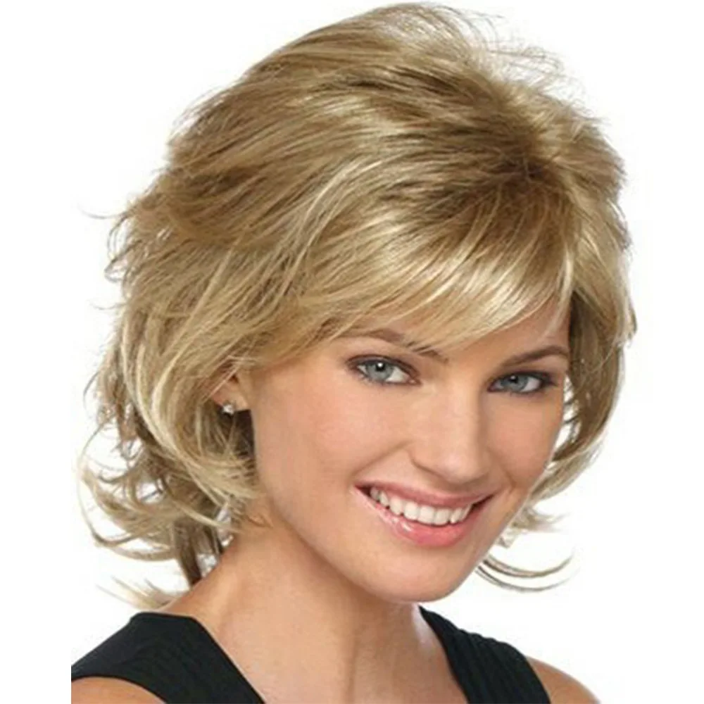 Fashionable women's mixed gold with slanted bangs  short curly synthetic fiber headband short wigs