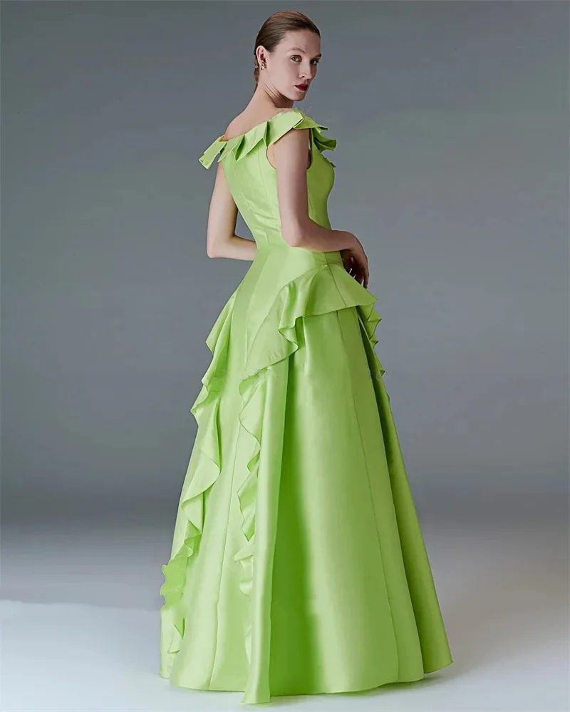 OTHRAY Sleeveless Celebrity Dresses For Women Green Long Satin Ruched Evening Dresses Long Sleeveless Ruffles Formal Prom Gowns