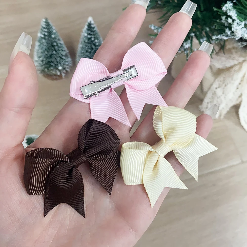 10pcs solid color kids bows hair clips — handmade ribbon bowknot barrettes for baby girls, New Year accessory 6