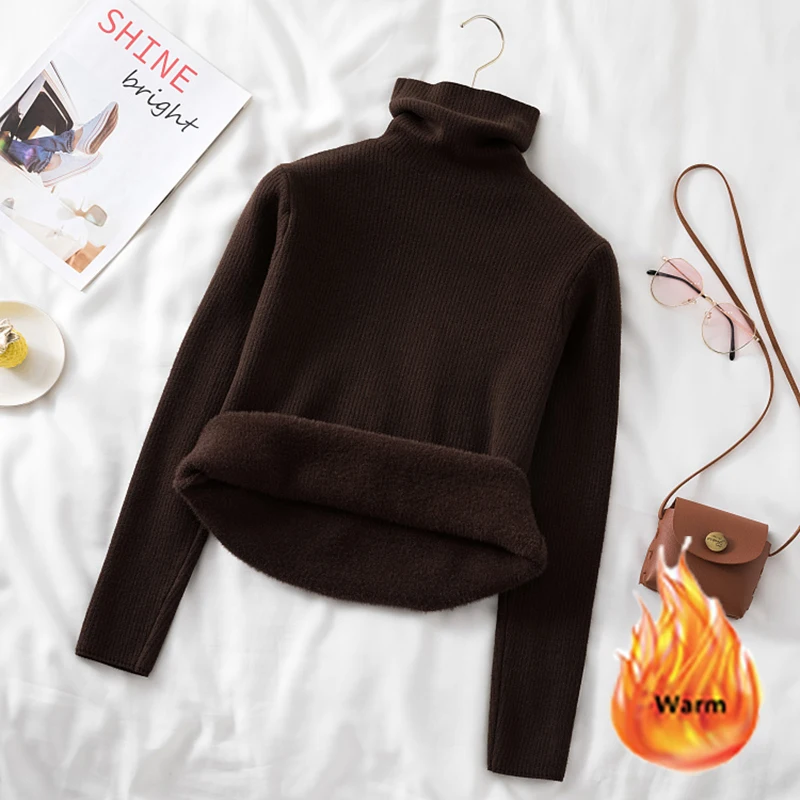 Turtleneck Sweater Plus Velvet Women Solid Colors Bottoming Pullover All-Match Long Sleeve Top Autumn Winter Fleece Lined Sueter