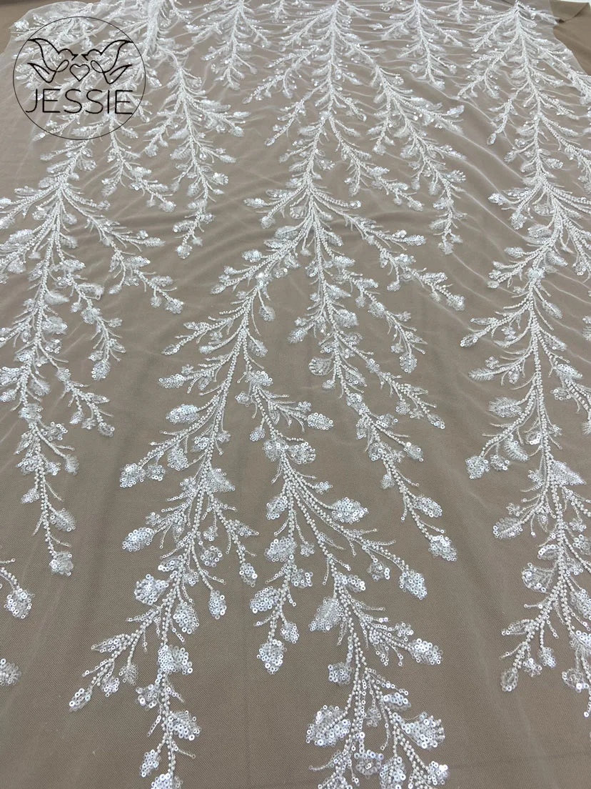 

2023 White Exquisite quality French Tulle Sequins Lace With Beaded Fabric African Lace Fabric 5 Yards For Nigeria Wedding Dress