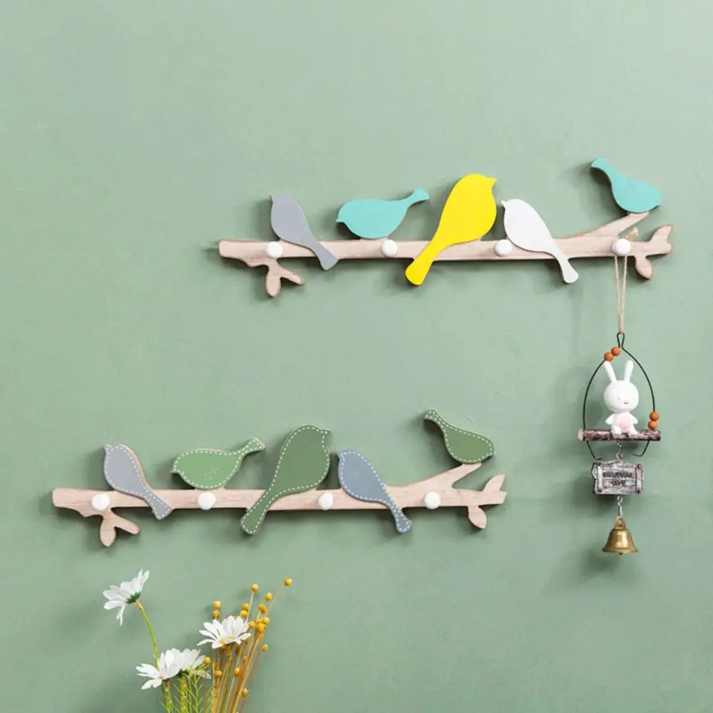 

4 Hooks Bird Shape Wall Hooks Creative Punch-free Clothes Coat Hooks Cute Non-toxic Wood Key Hook Rack Bedroom Accessories